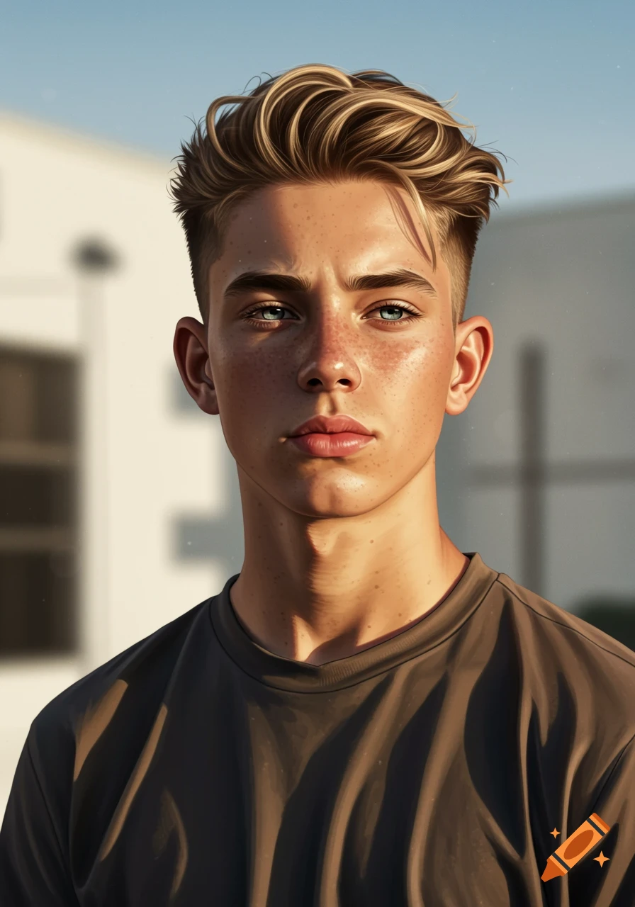 Close-up photorealistic portrait of a young man with blonde hair, low taper fade, and freckles, wearing a dark shirt.