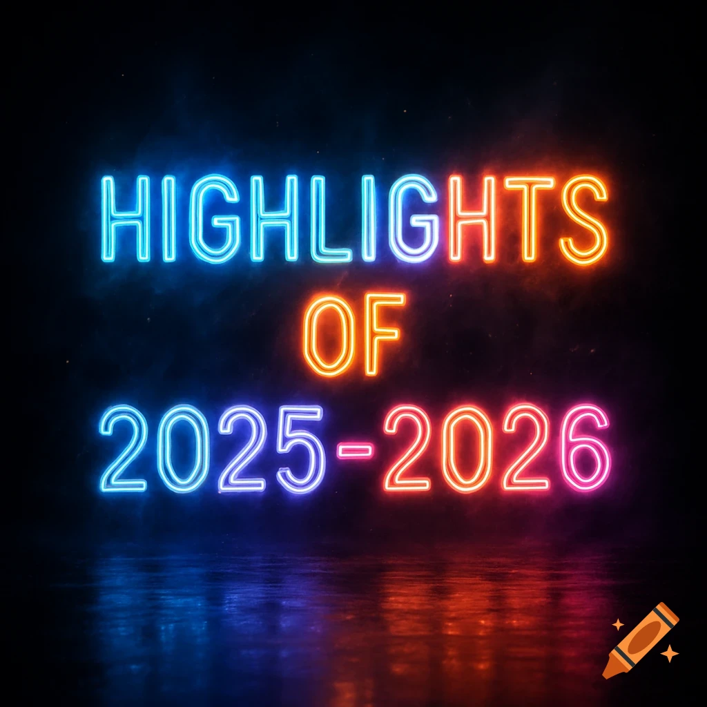 Colorful neon text 'HIGHLIGHTS OF 2025-2026' glowing on a dark background with reflections.