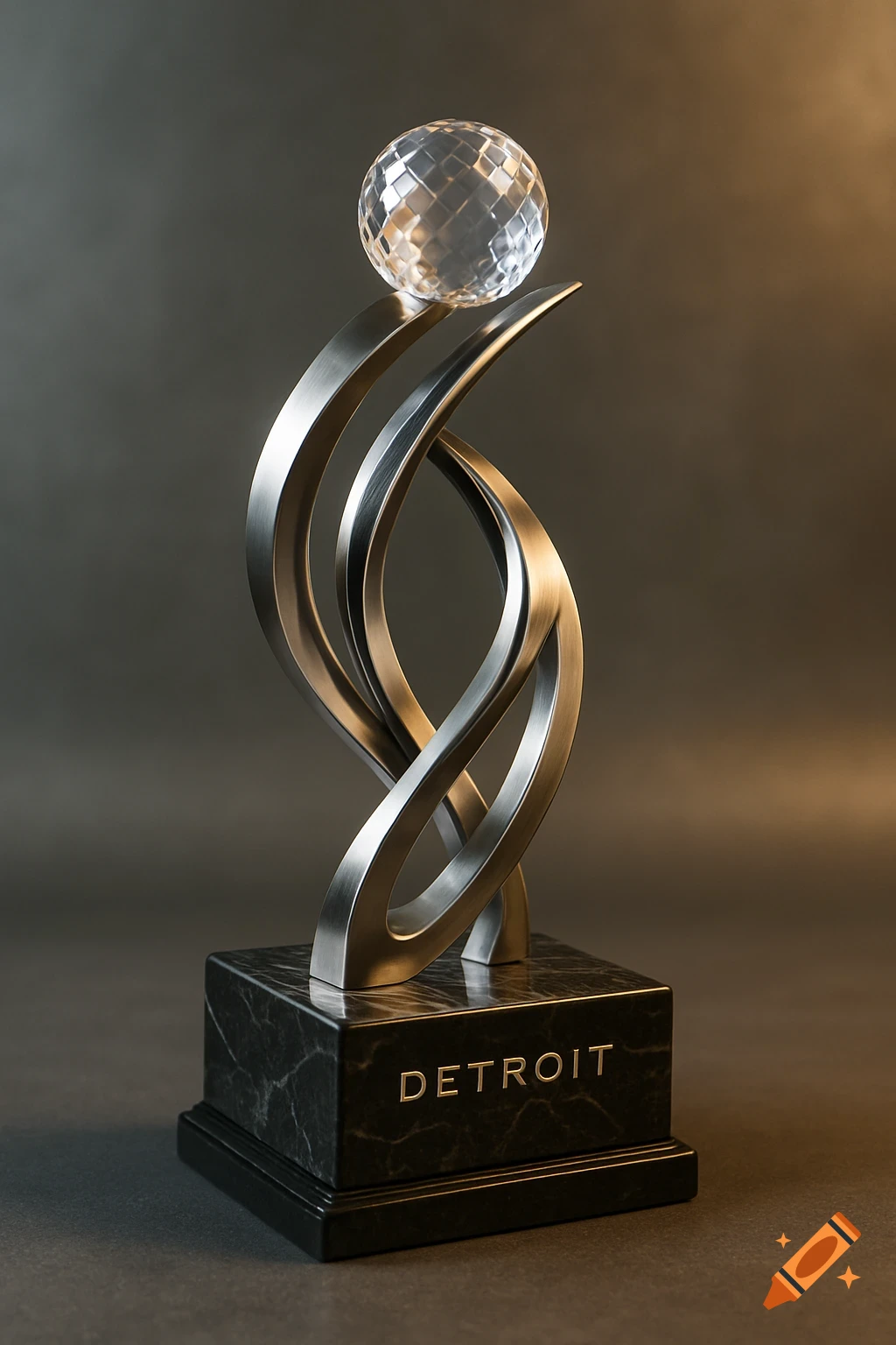 A modern trophy with intertwining silver and bronze elements, topped by a faceted crystal sphere, on a black marble base inscribed with 'DETROIT'.