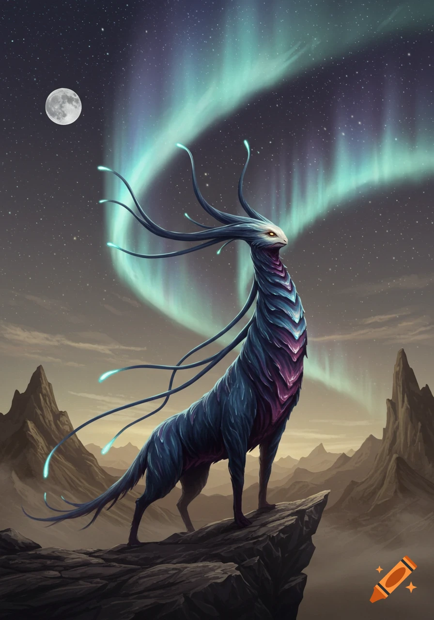 A blue and purple scaled fantasy creature with tendril-like horns stands on a rocky peak under a starry night sky with a full moon and vibrant aurora borealis.