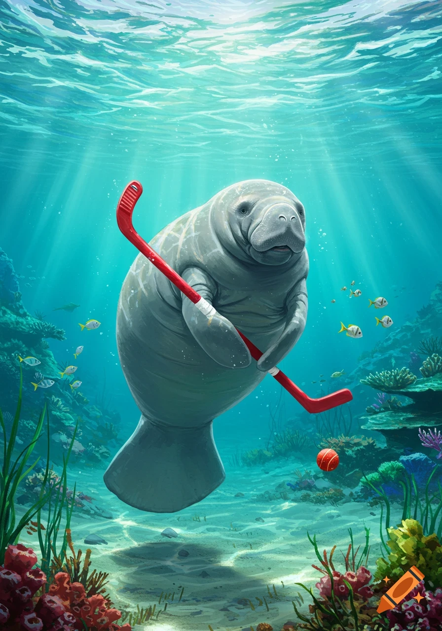 A friendly manatee holds a red field hockey stick underwater, with an orange ball, in a vibrant coral reef.