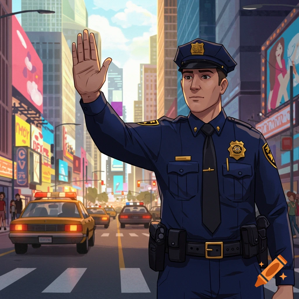 Animated police officer in a city street, raising a hand to stop traffic. Yellow taxis and buildings are in the background.