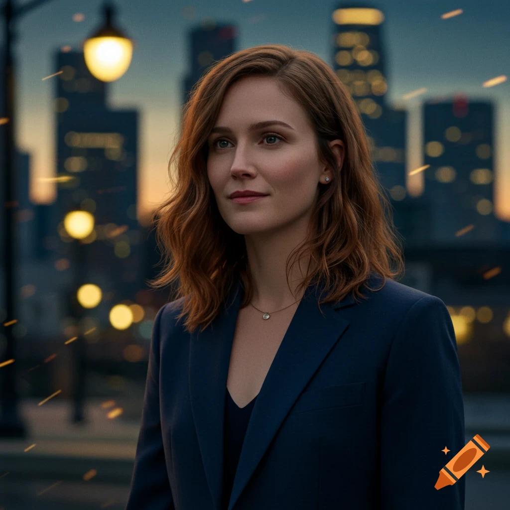 Photorealistic portrait of a woman in a dark blazer, looking right with a city skyline and lights in the background.