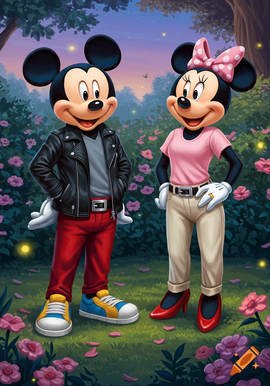 Mickey Mouse in a leather jacket and Minnie Mouse in a pink shirt and heels stand in an enchanted forest with flowers and fireflies, cartoon style.