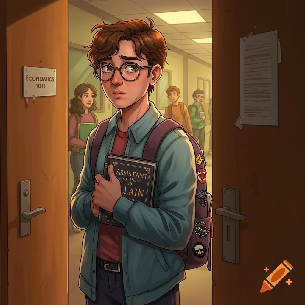 A cartoon illustration of a slightly embarrassed young man with glasses and a backpack, holding a book, standing in a school hallway.