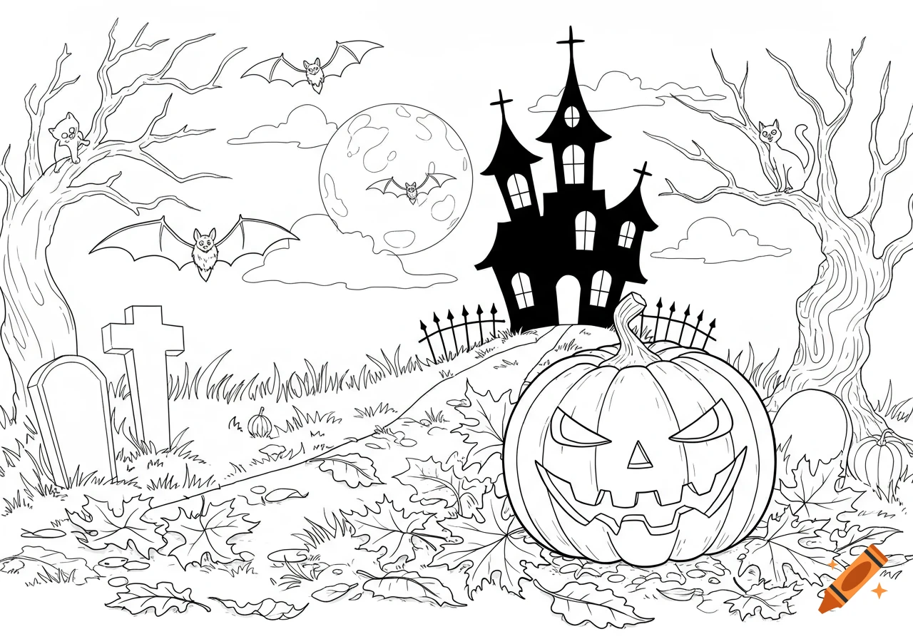 A black and white Halloween coloring page featuring a haunted house on a hill, a large jack-o'-lantern, bats, cats, and tombstones under a full moon.