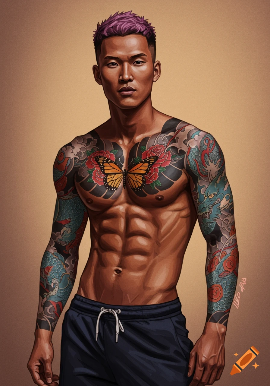 Stylized illustration of a muscular Asian man with purple hair, a monarch butterfly chest tattoo, and Japanese dragon arm tattoos.