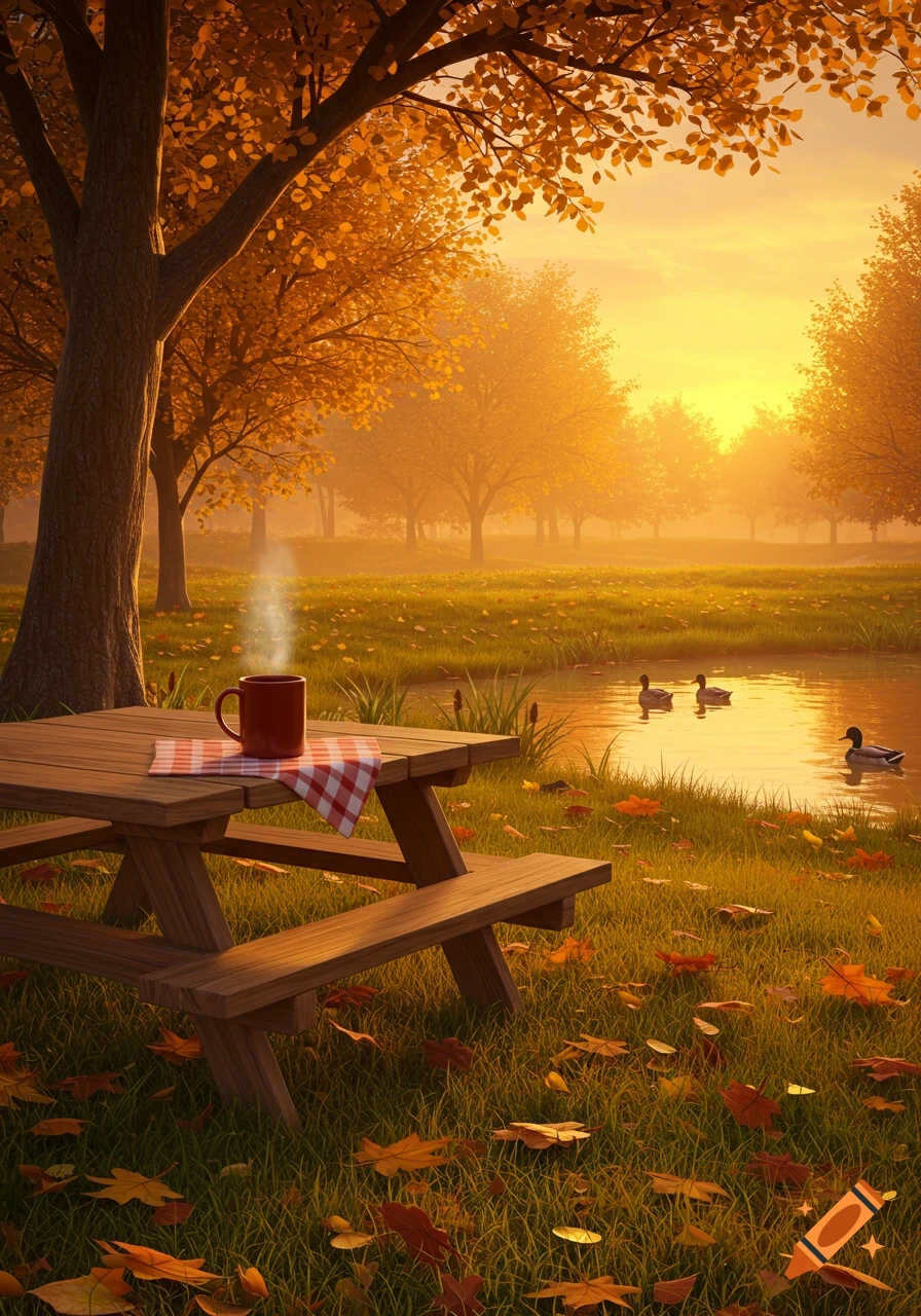 Autumn park scene with a steaming coffee mug on a picnic table, ducks in a pond, and golden trees at sunrise.