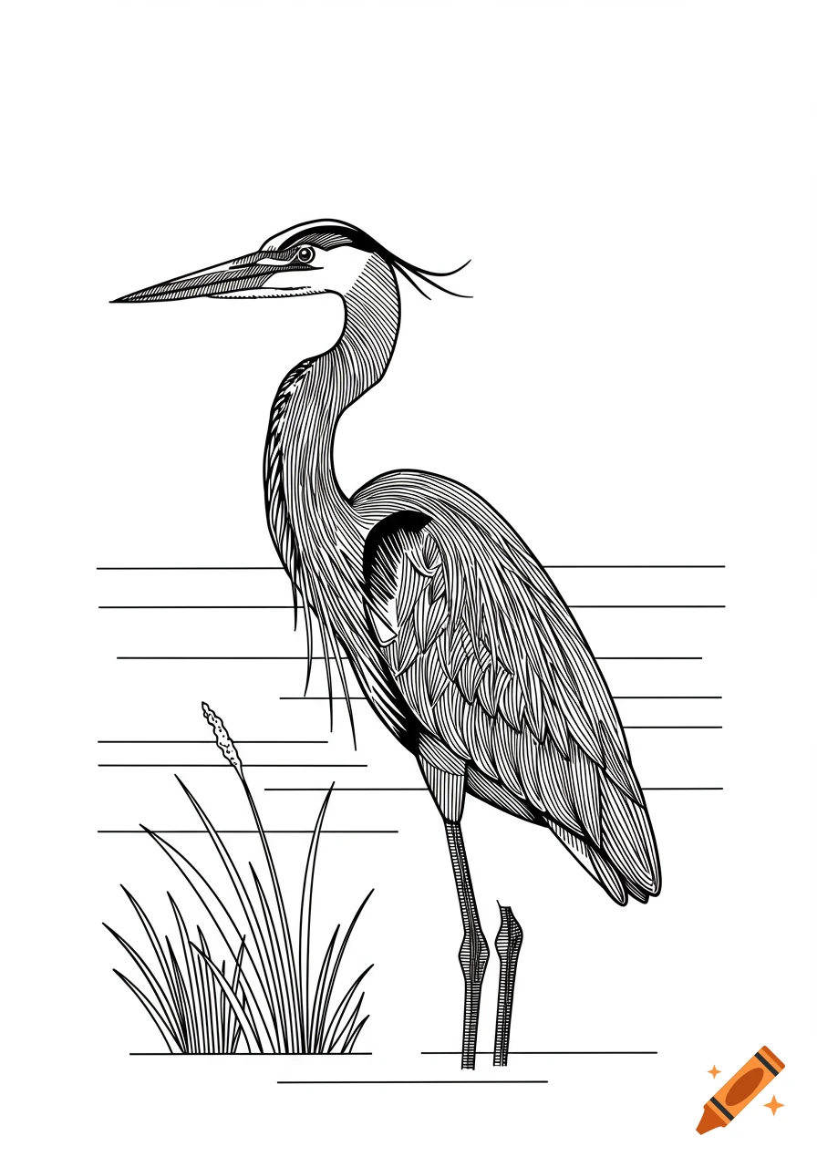 A black and white line art illustration of a great blue heron standing in water with reeds.