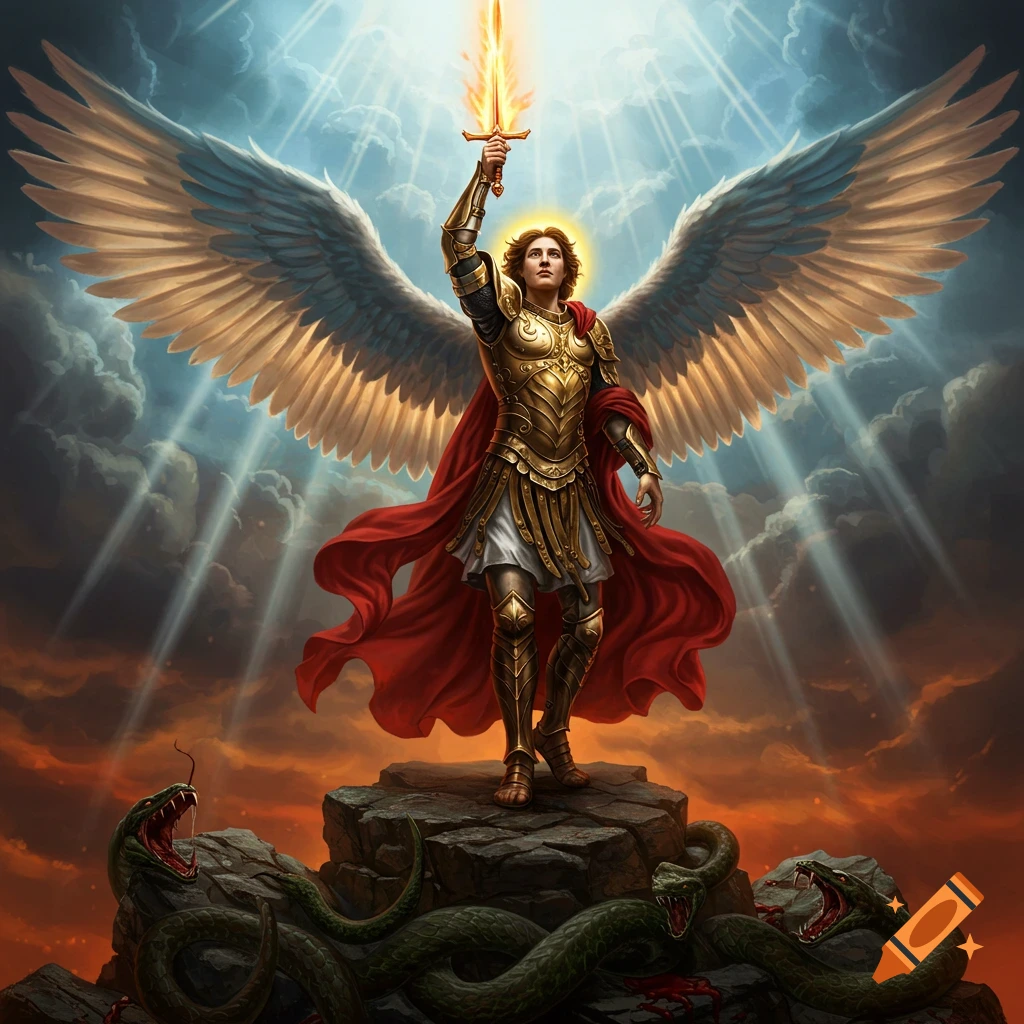 Archangel Michael stands triumphantly on rocks, holding a flaming sword, as heavenly light shines down and defeated snakes writhe below.