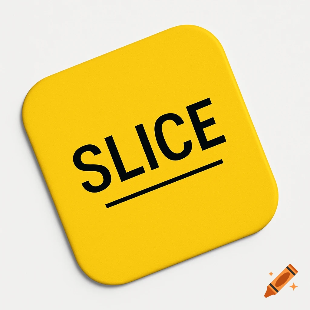 A yellow rounded square tilted anti-clockwise with the black word 'SLICE' underlined on it.