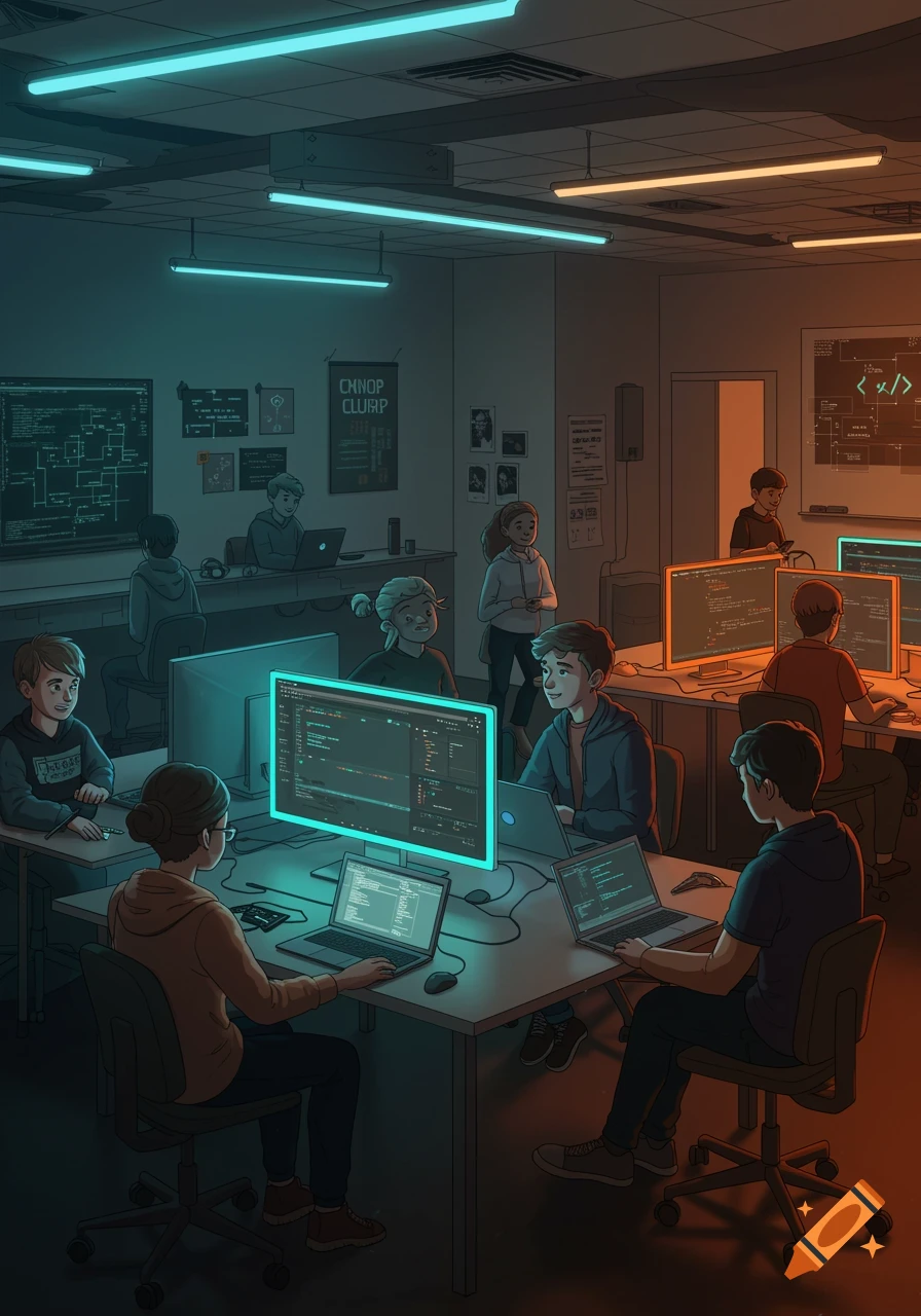 Cartoon illustration of students working on computers in a dimly lit school computing club, with glowing screens and ambient lighting.