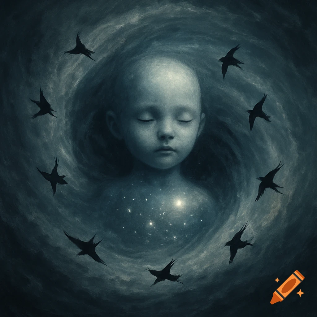 An ethereal child's face with closed eyes, surrounded by a dark swirling nebula and silhouetted birds. Stars glow from its chest.
