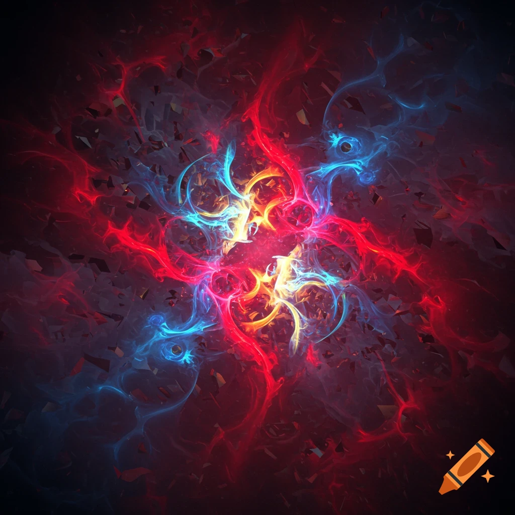 Abstract glowing red, blue, and yellow energy streams with fractured elements on a dark background.