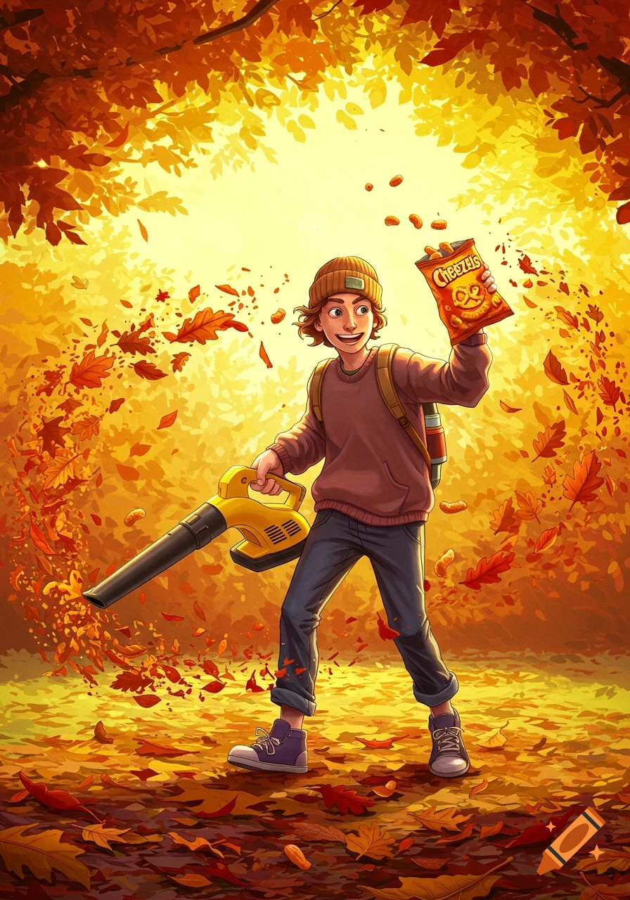 A young person with a leaf blower and a bag of Cheezels in a vibrant autumn forest of falling leaves. Illustrated.