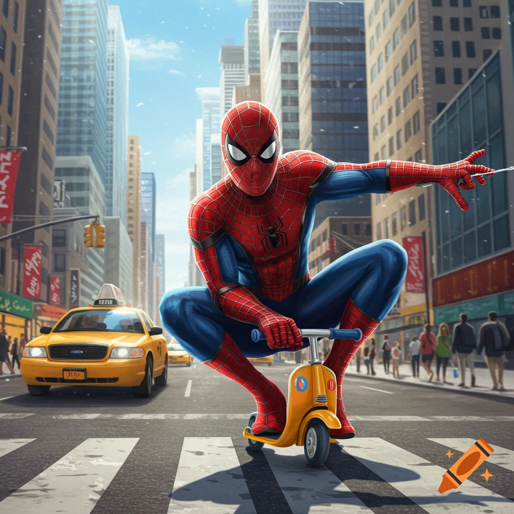 Spider-Man rides a small yellow scooter down a city street crosswalk, with a yellow taxi and tall buildings in the background. Comic art style.