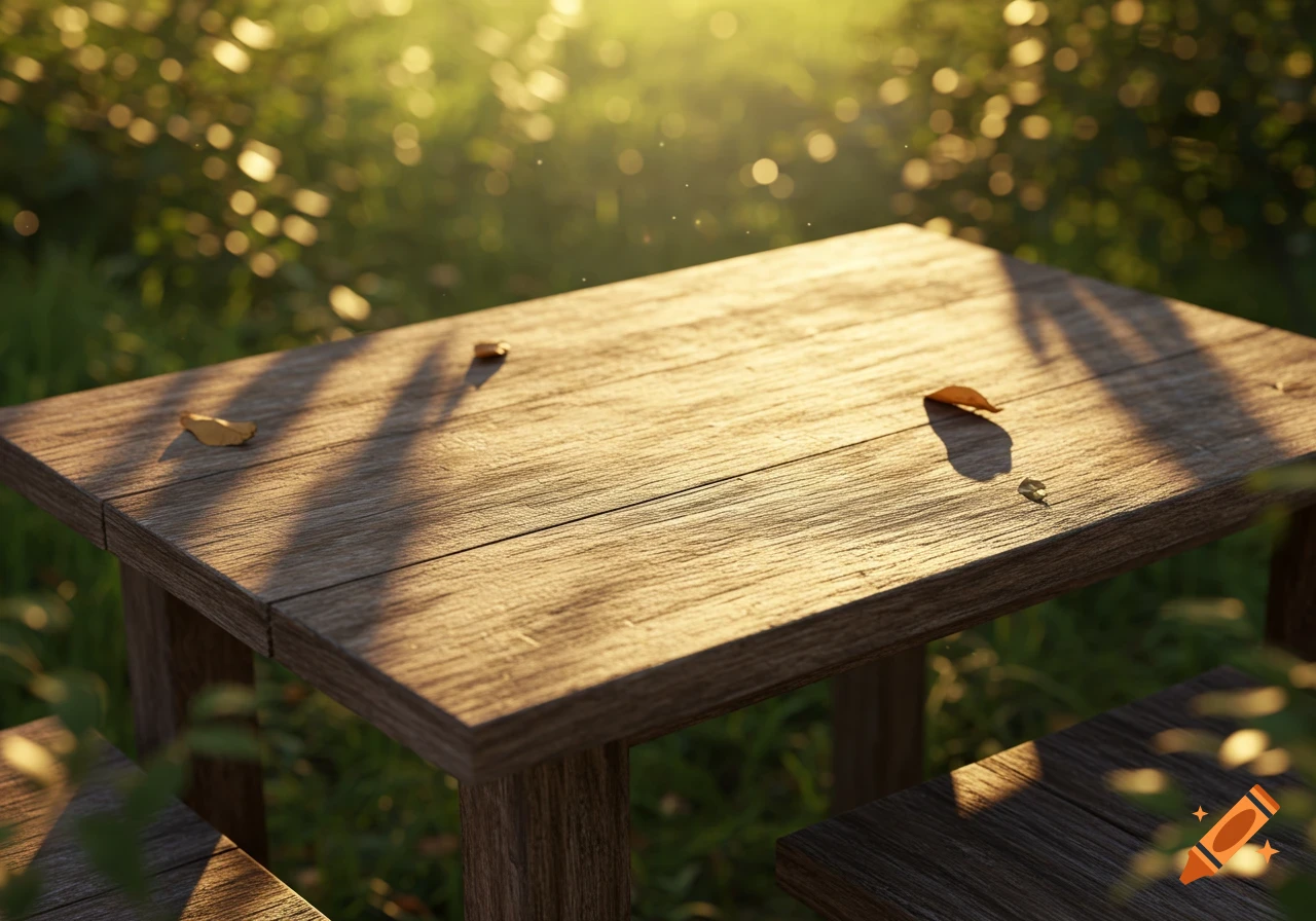 A rustic wooden table in warm sunlight with fallen leaves, set against a blurry green outdoor background.