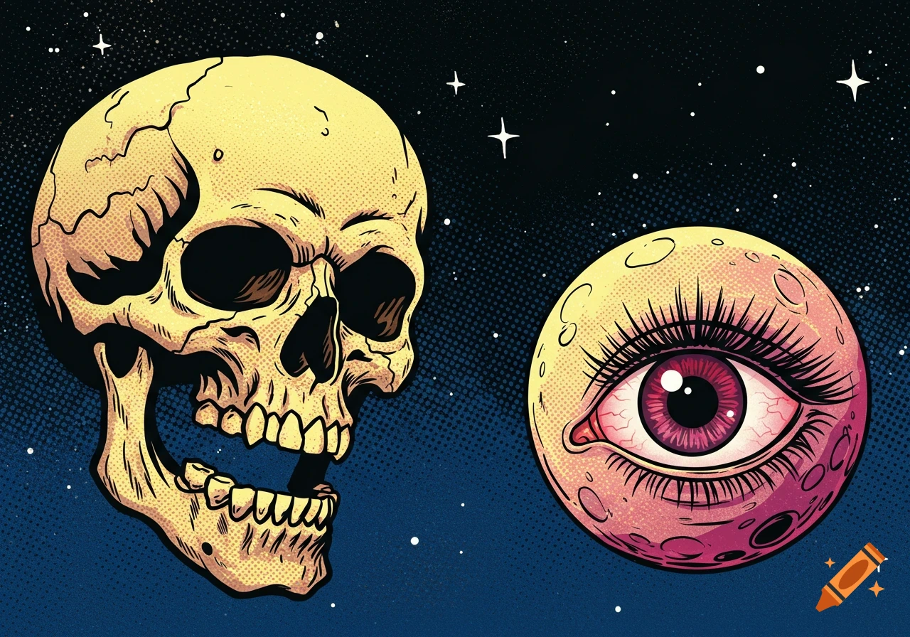 Pop art illustration of a yellow skull and a pink moon with a human eye, against a starry dark blue background.