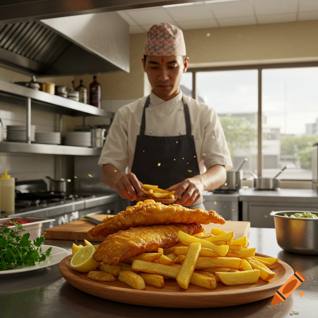 A chef in a commercial kitchen places fries on a large wooden platter, featuring two crispy battered fish fillets and a mound of french fries.