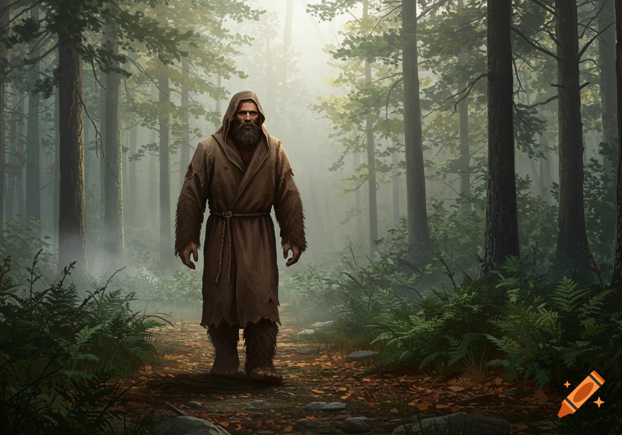 A hairy, bearded man in a tattered brown robe stands on a misty forest path, surrounded by tall trees and ferns.