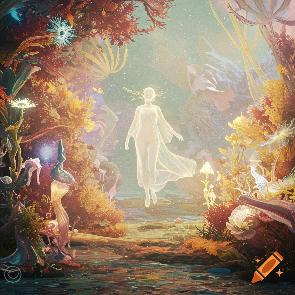 Ethereal glowing figure floats amidst a vibrant, otherworldly fantasy garden filled with colorful, exotic plants.