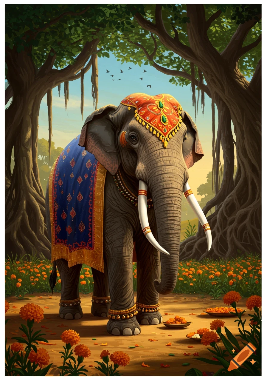 Decorated Indian elephant with ceremonial red and blue coverings and jewelry stands in a vibrant forest with marigold flowers and offerings.