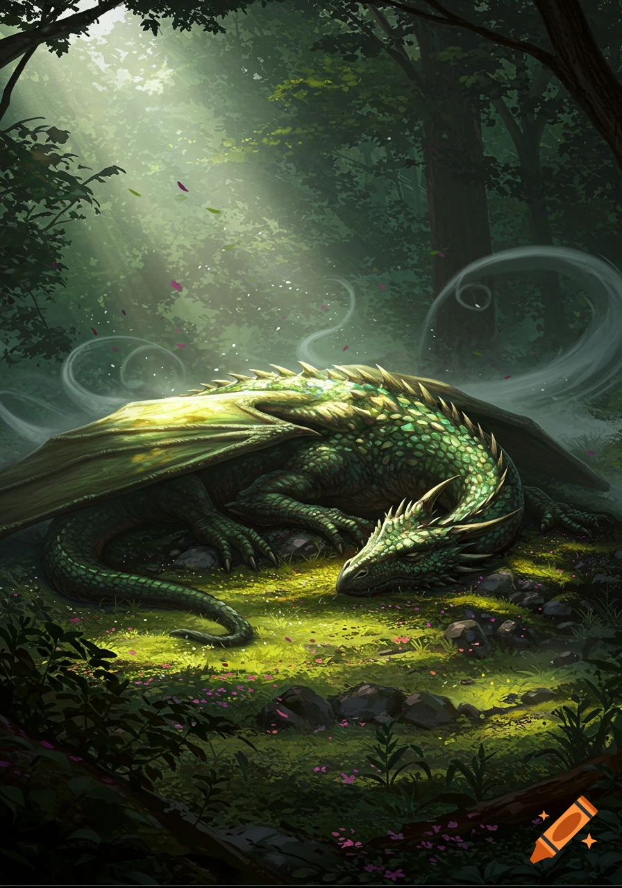 A sleeping green dragon in a sun-dappled forest clearing with purple flowers, digital fantasy art.
