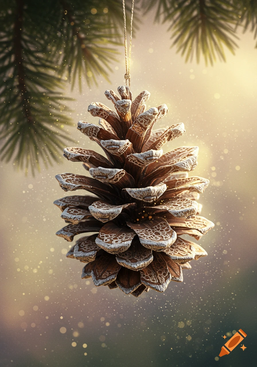 A photorealistic close-up of a decorative pinecone with intricate, lace-like edges, hanging from a pine branch with blurred lights.