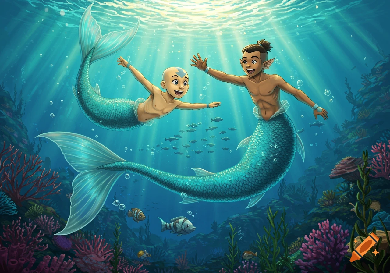 Cartoon Aang and Sokka mermaids swimming happily underwater, surrounded by coral reefs and small fish, with sun rays piercing the water.