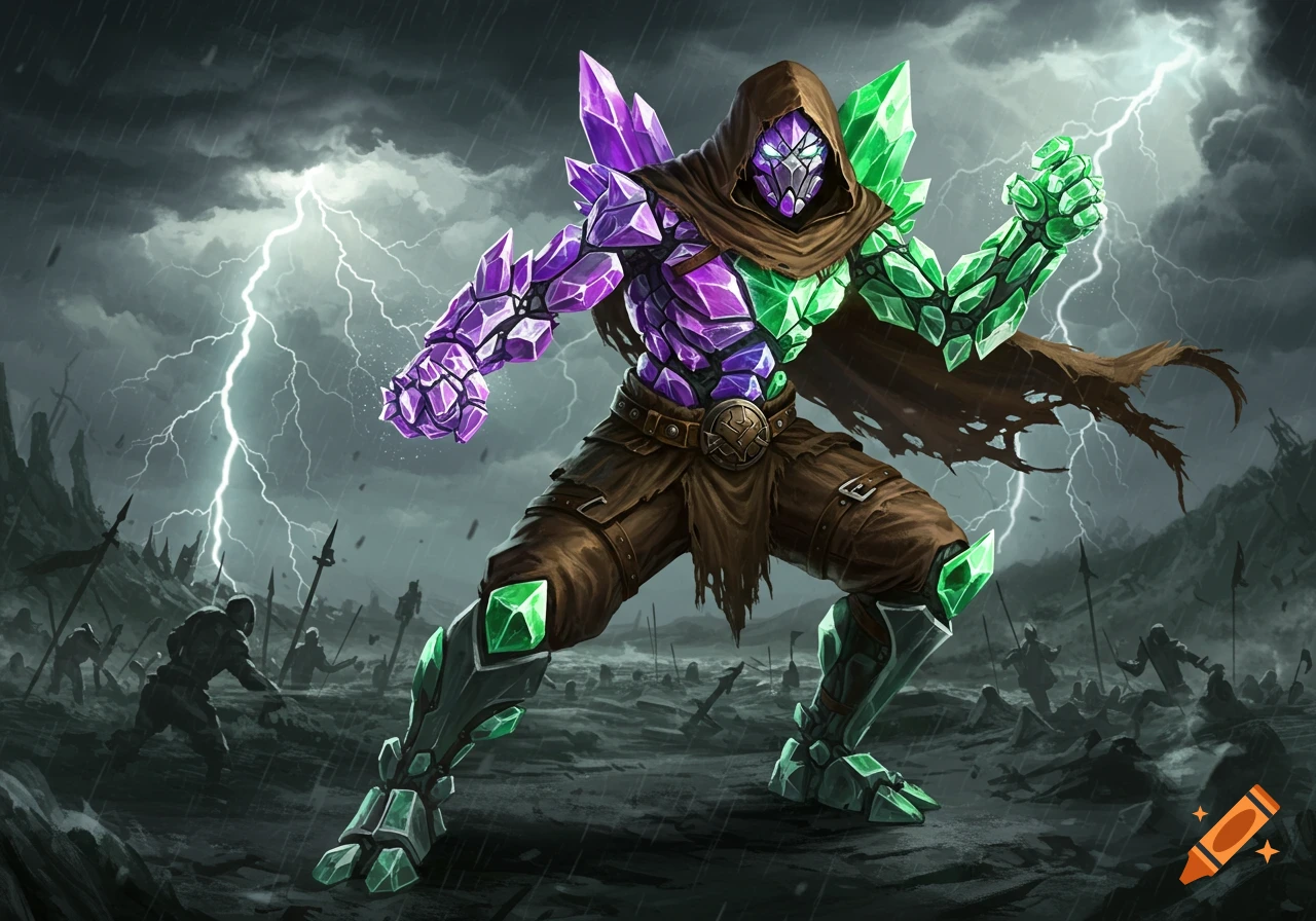 A powerful crystal warforged, half purple and half green, wears a hooded cloak, standing on a stormy battlefield with lightning.