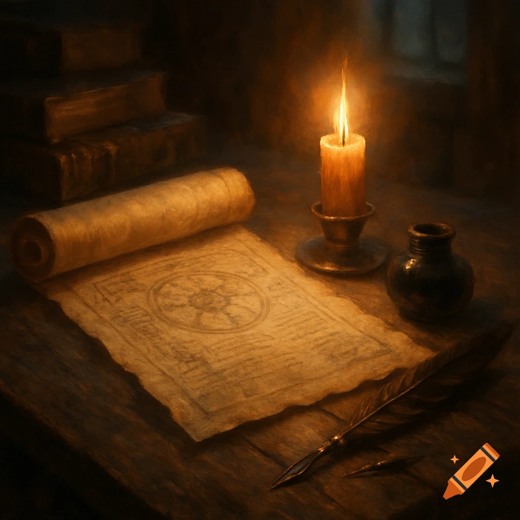 A painterly image of an open scroll with a diagram, lit by a candle on a dark wooden table with an inkwell and quill.