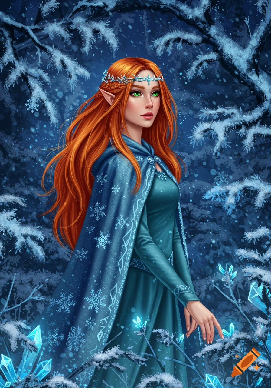 A beautiful redhead elf girl with green eyes in a snowy winter forest with glowing blue ice crystals, digital art.