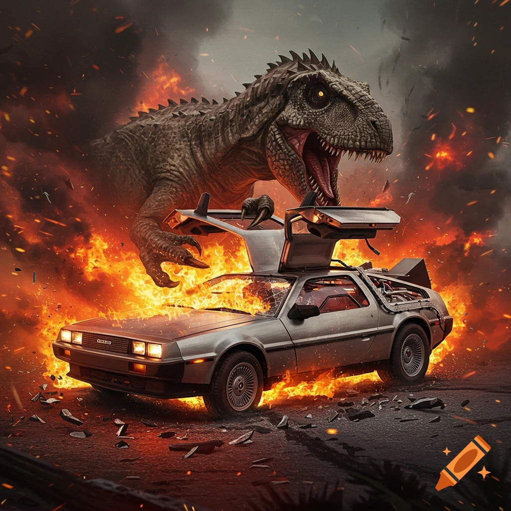 A large dinosaur attacks a burning silver DeLorean car with gull-wing doors open, amidst an explosion of fire and smoke.