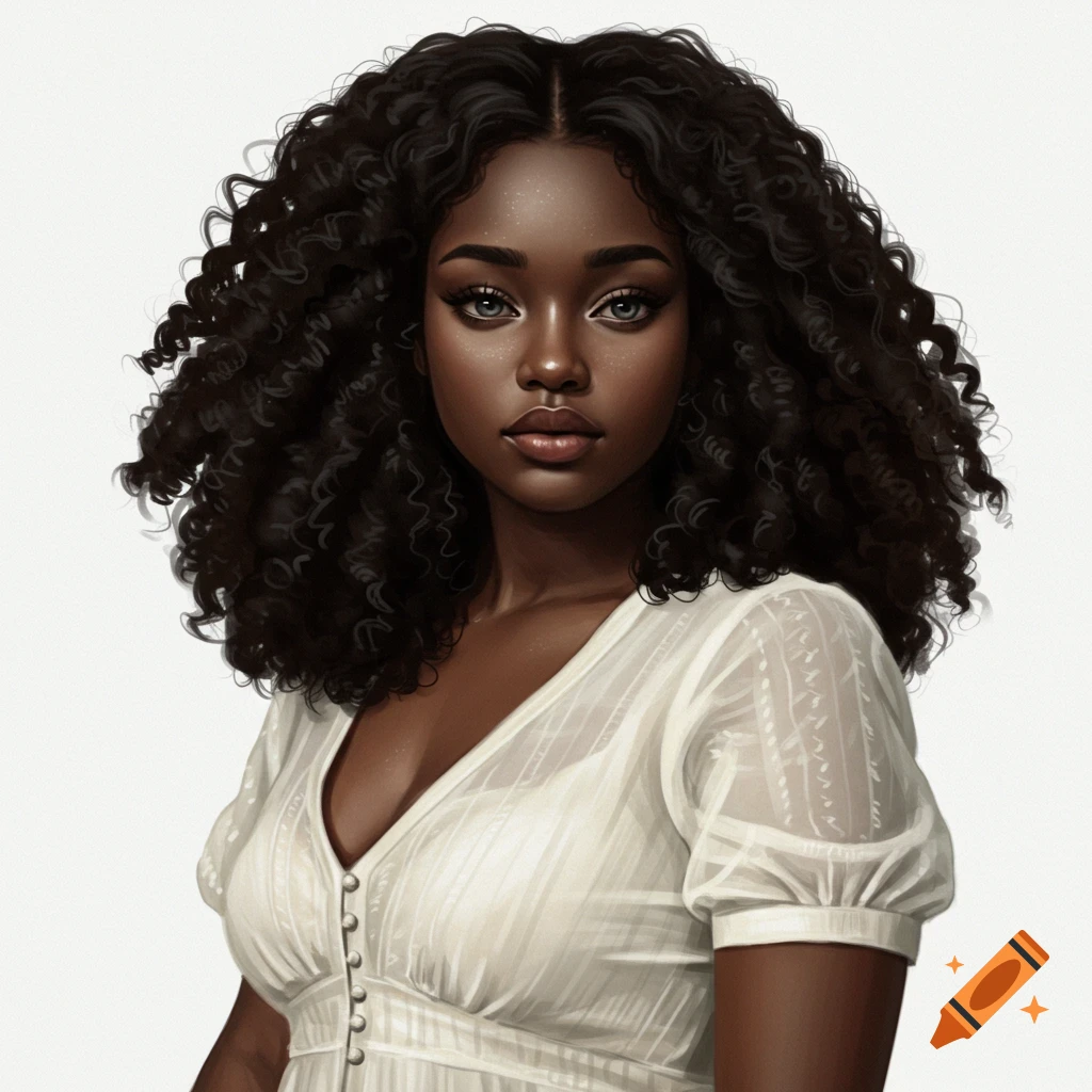 Digital illustration of a beautiful young Black woman with dark curly hair and light eyes, wearing a white v-neck dress.