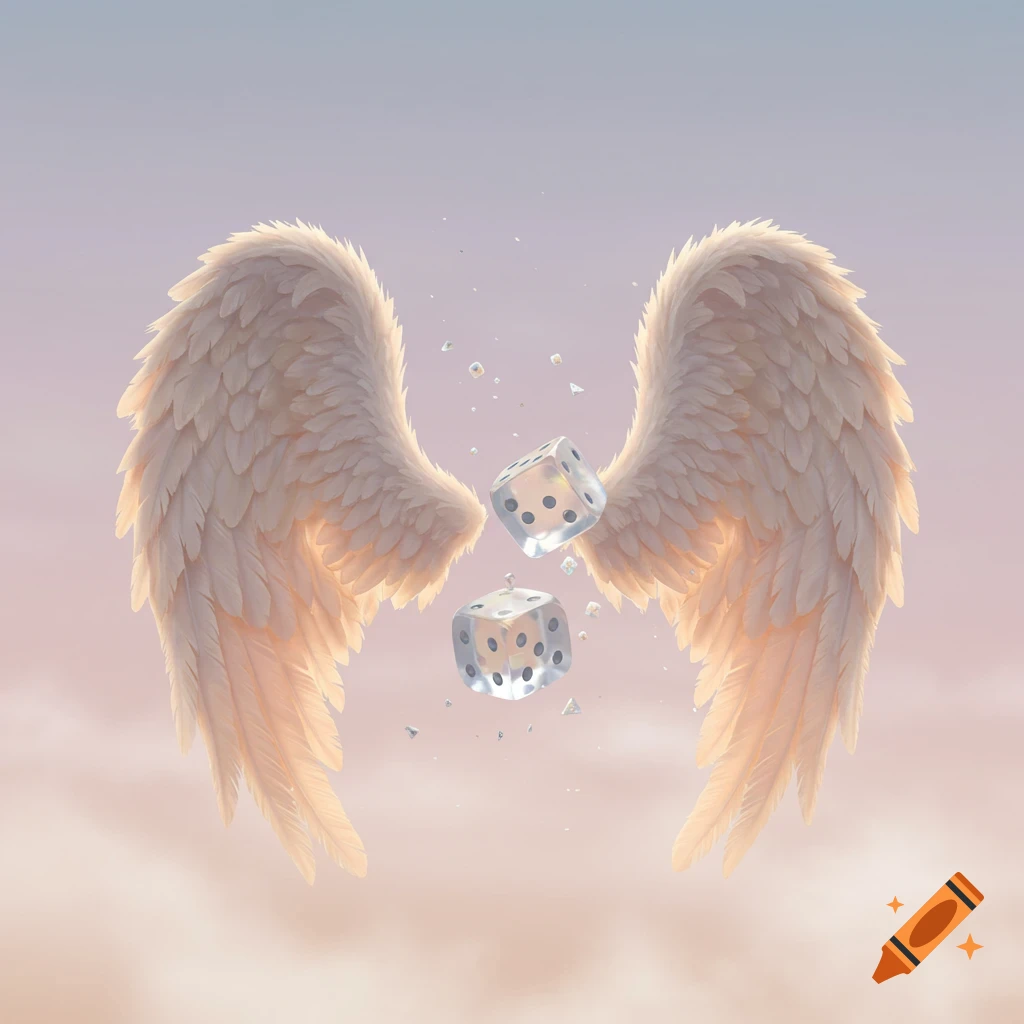 Ethereal image of two fluffy white angel wings with two transparent dice floating between them against a soft pastel sky.
