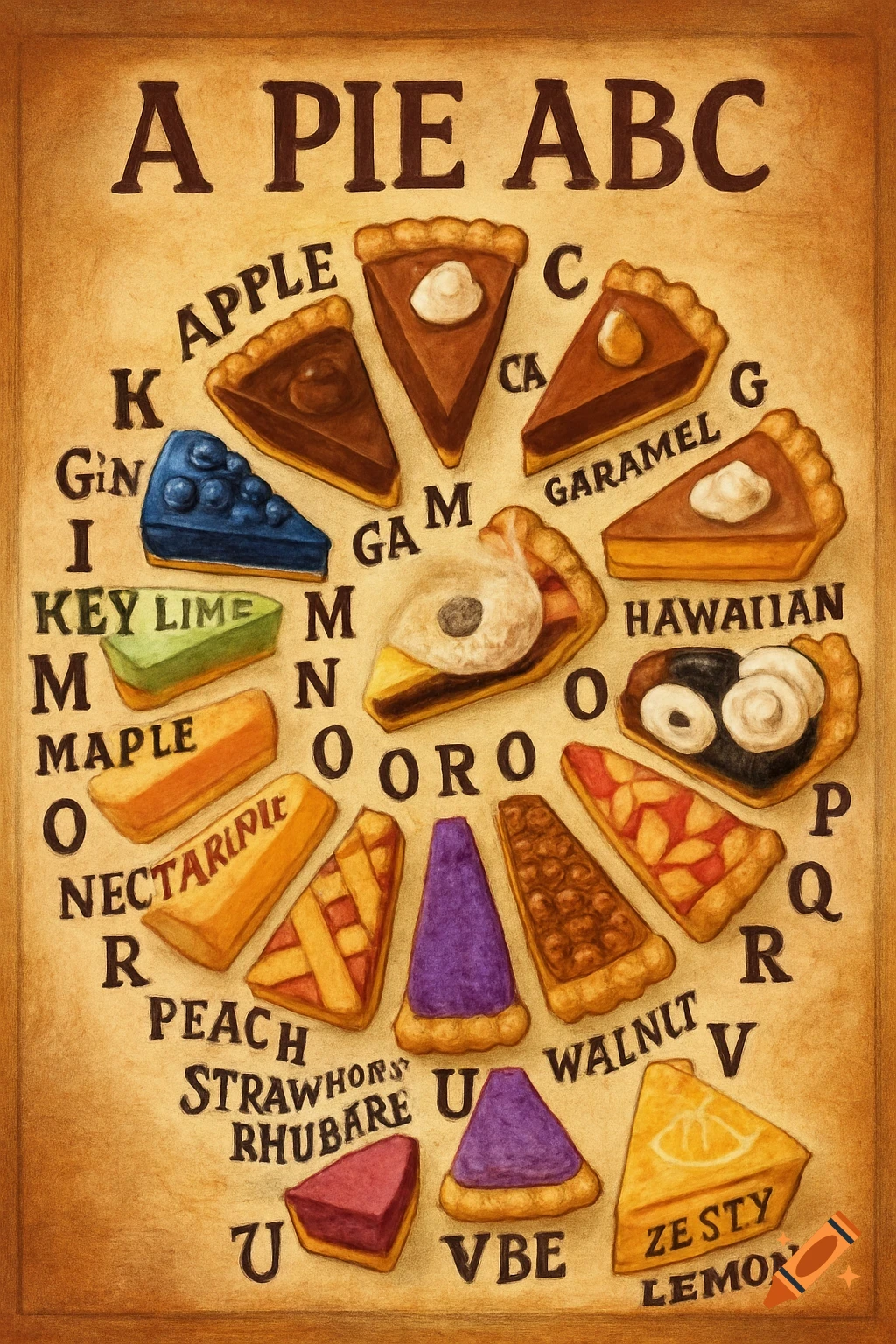 A colorful illustrated chart displays a different flavored slice of pie for each letter of the alphabet.