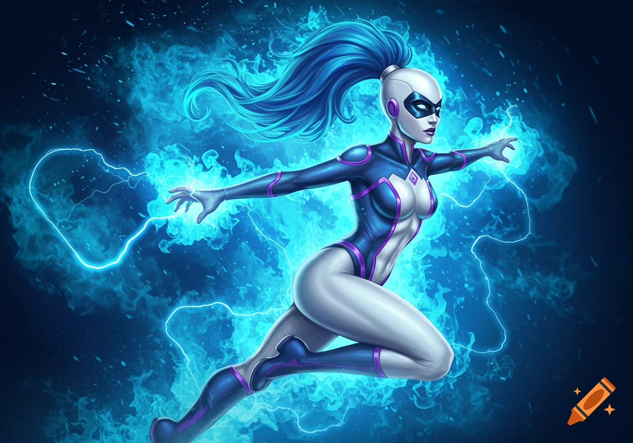 A female superhero in a blue, white, and purple suit with blue hair in a high ponytail, surrounded by glowing blue energy and lightning as she poses dynamically.