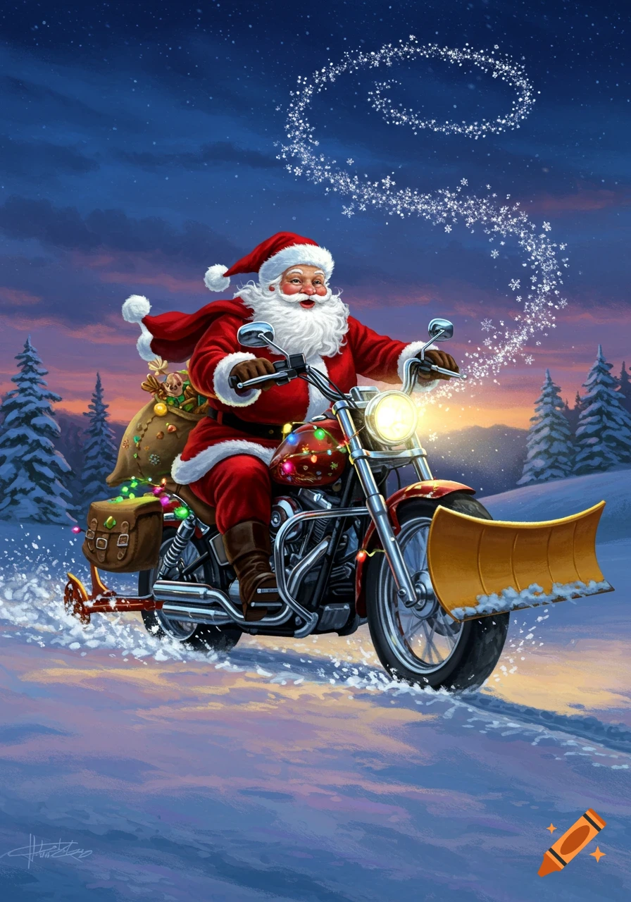 Santa Claus rides a red motorcycle with a snowplow through a snowy landscape at night, with Christmas lights and swirling snowflakes.