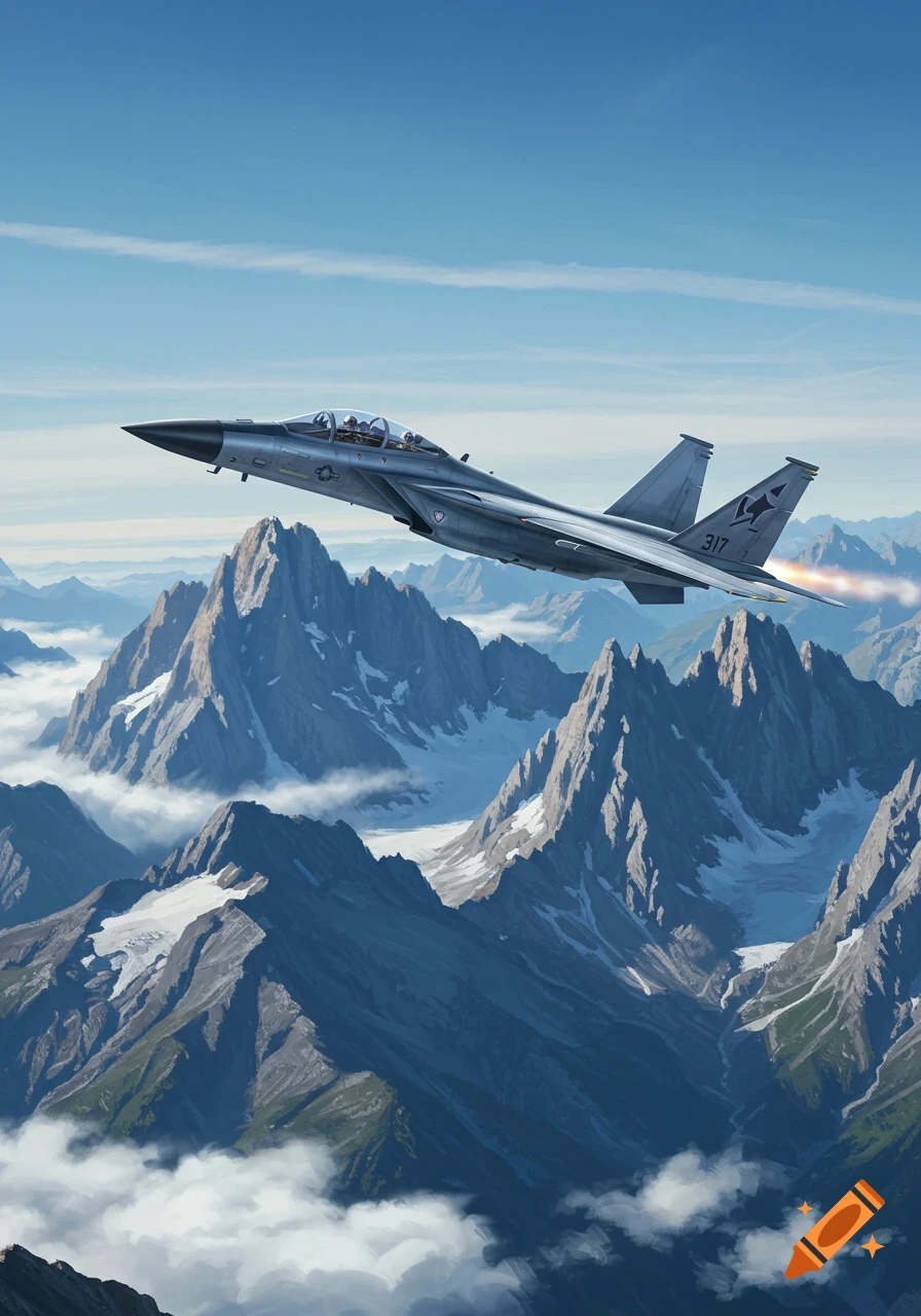 A grey fighter jet with a flaming exhaust flies above snow-capped, jagged mountains under a clear blue sky.
