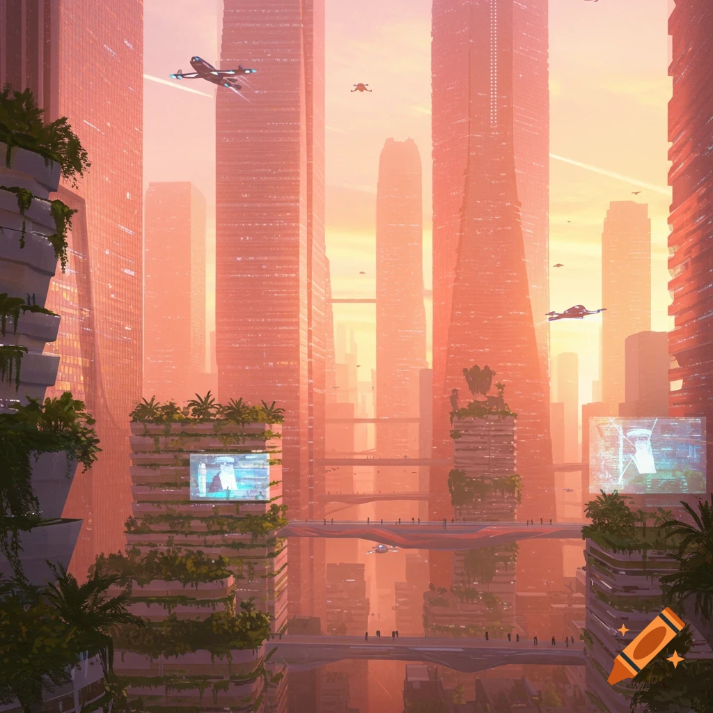 A vibrant futuristic cityscape with tall skyscrapers and flying vehicles under a warm sunrise glow, covered in green vegetation.