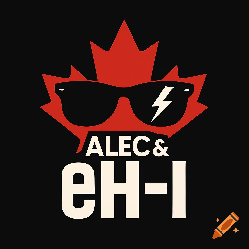 Pop-rock logo with a red maple leaf wearing sunglasses with a lightning bolt, and the text 'ALEC & eH-I' on a black background.