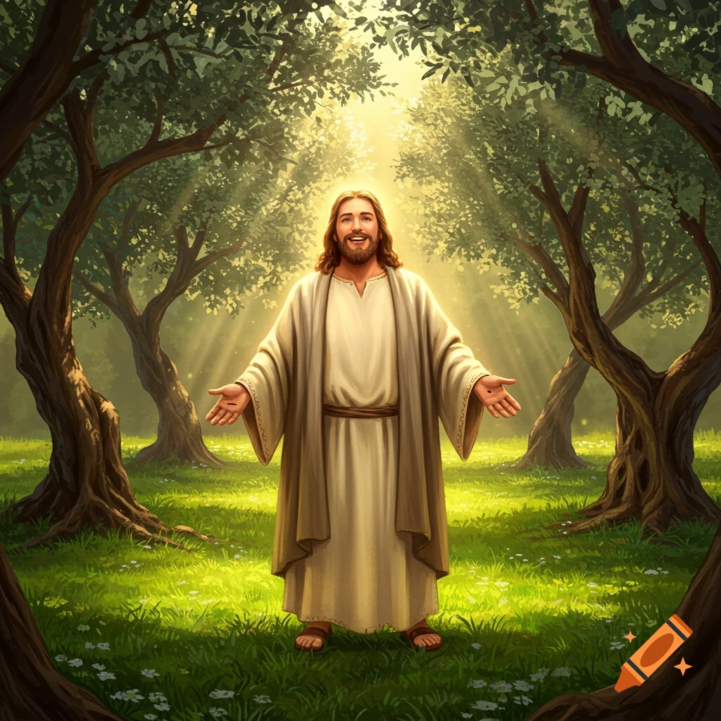 Jesus with outstretched arms in a sunlit olive grove, smiling with an inviting expression.