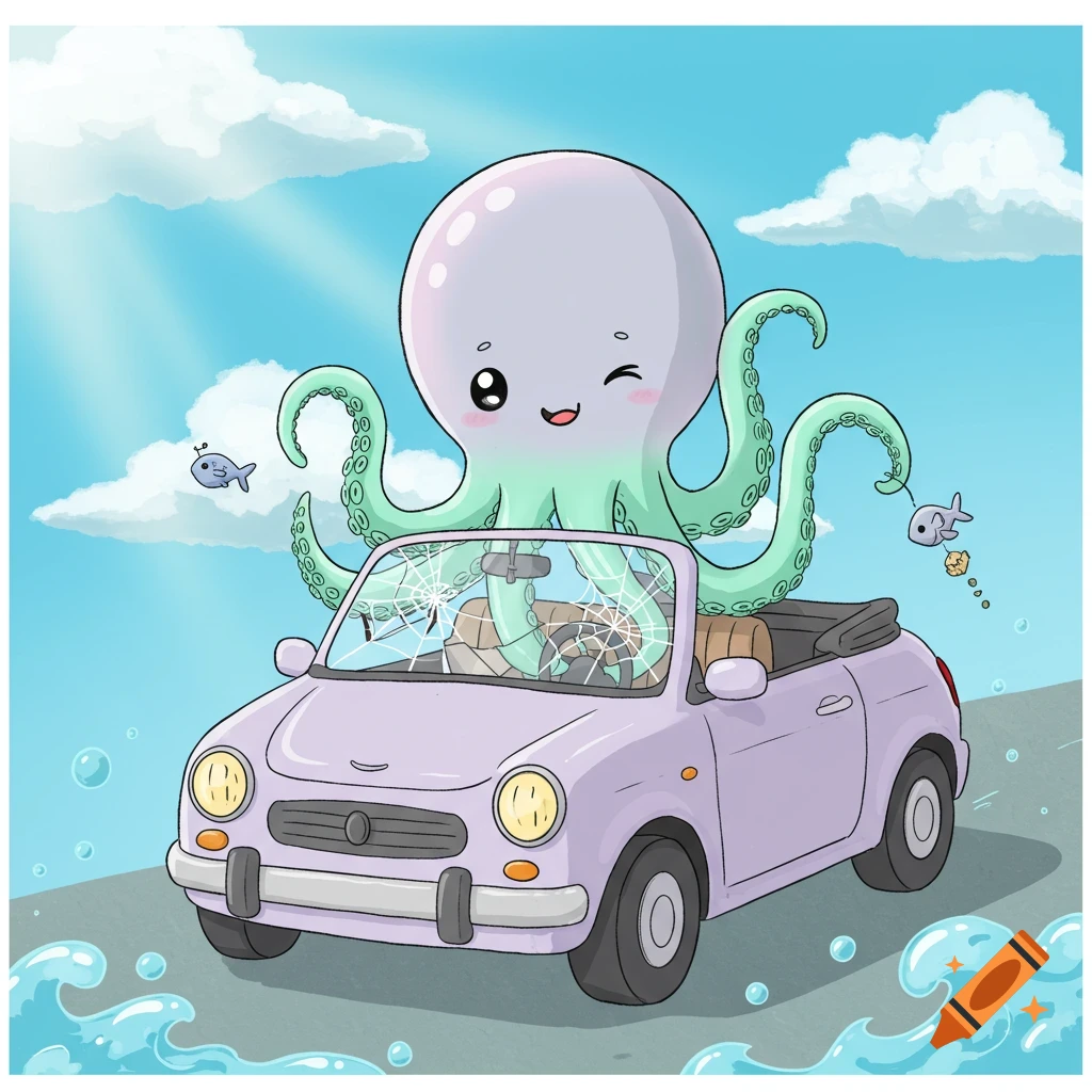 A cute, winking, light purple and teal cartoon octopus drives a purple convertible car with a cracked windshield under a sunny blue sky.