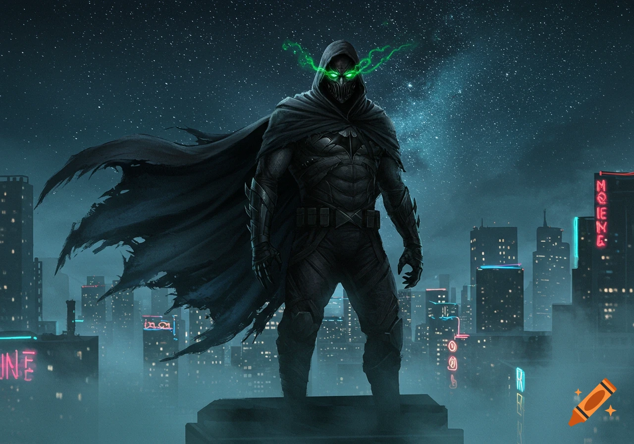 A dark, cloaked superhero with glowing green eyes stands atop a building overlooking a futuristic city at night.