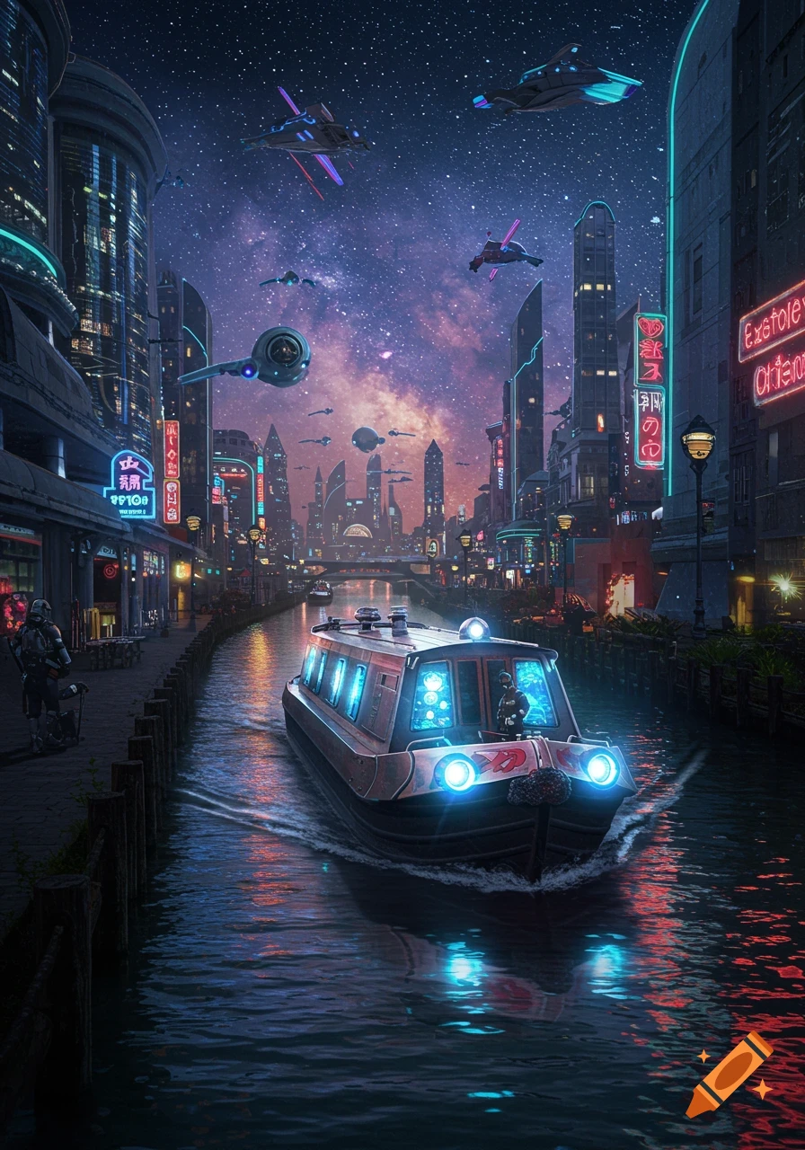A futuristic cityscape at night, with a glowing boat navigating a canal. Flying vehicles hover under a starry sky amidst neon-lit buildings.