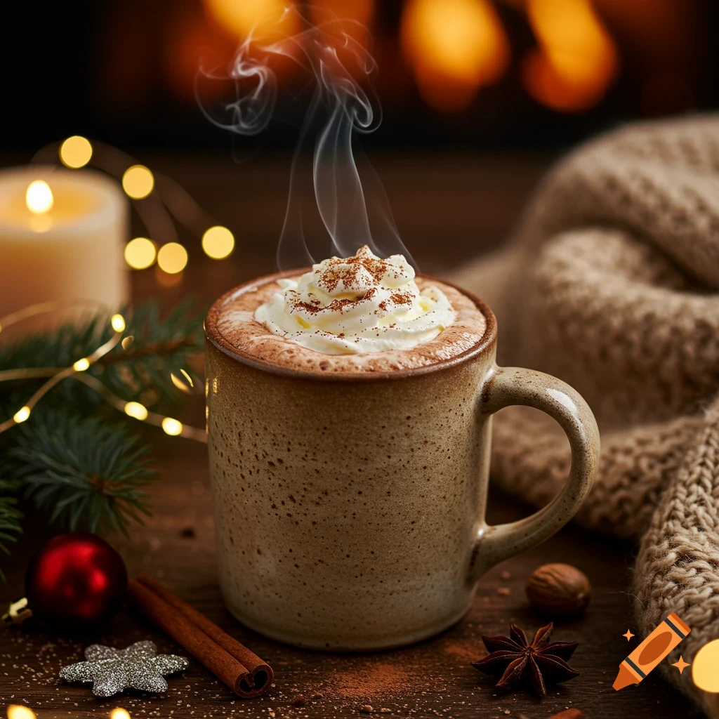 A steaming mug of hot cocoa with whipped cream and cinnamon sits on a wooden table, surrounded by a lit candle, fairy lights, pine needles, and spices, with a fireplace in the blurry background, creating a cozy winter atmosphere.