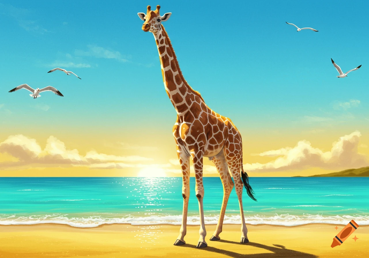 An illustrated giraffe stands on a golden beach by the turquoise ocean under a vibrant sunset sky with flying seagulls.