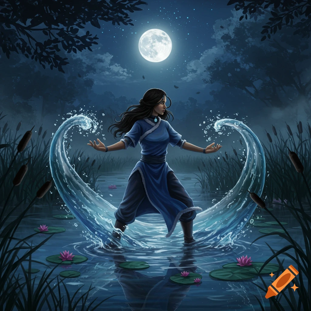 A female water bender, resembling Katara, stands in a moonlit swamp, manipulating water. Digital fantasy art.