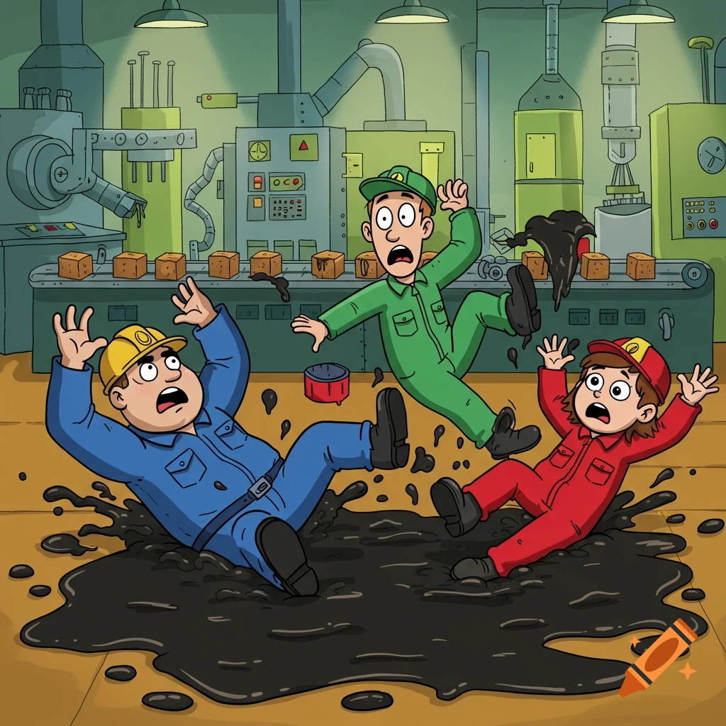 Three cartoon factory workers slip and fall into black sludge on a factory floor.