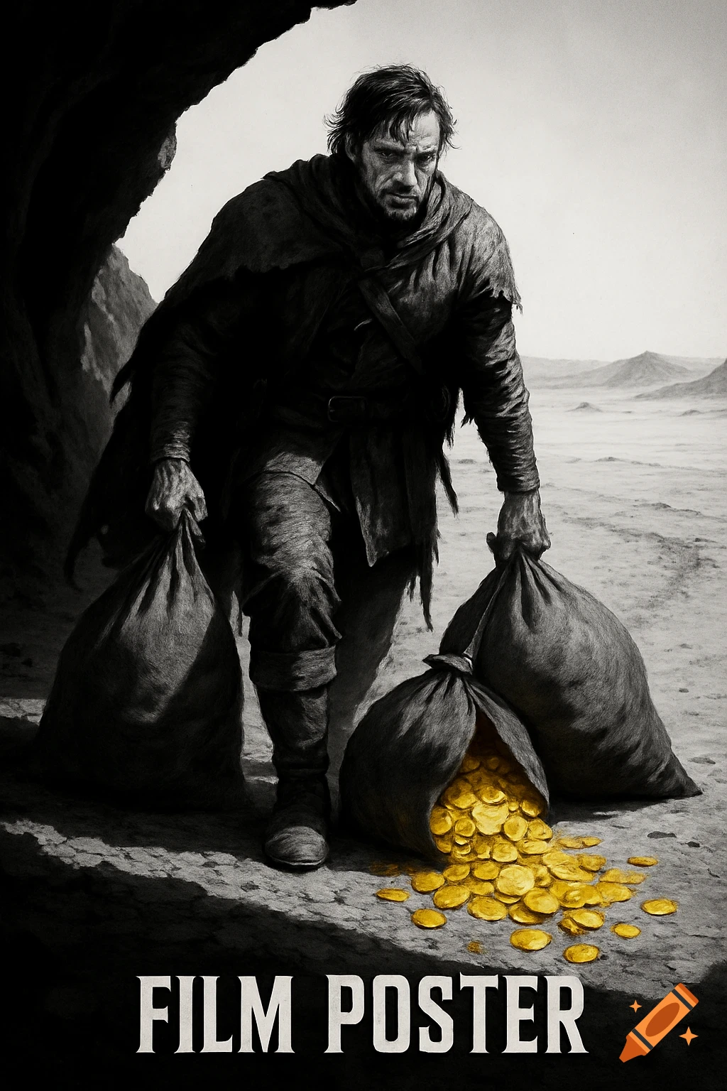 Black and white movie poster shows a weary man dragging sacks of gold from a cave into a desert; coins spill from one sack, all gold.